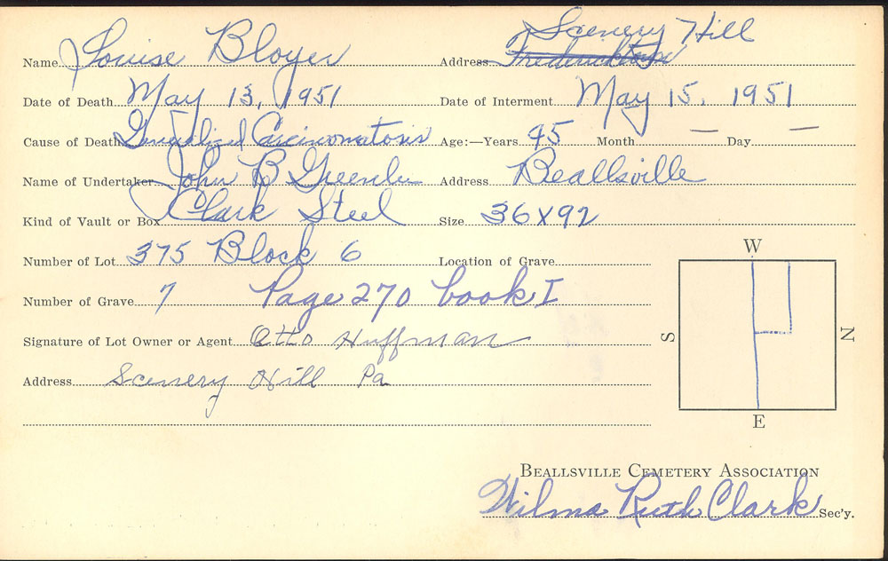 Louise Bloyer burial card